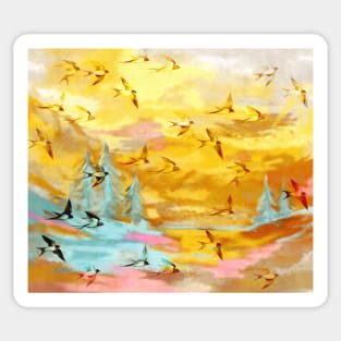 Abstract Landscape with Swallows at Sunset Sticker